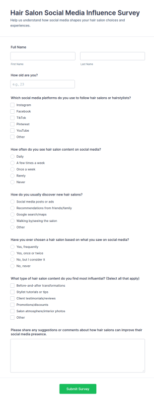 Hair Salon Social Media Influence Survey Form Template