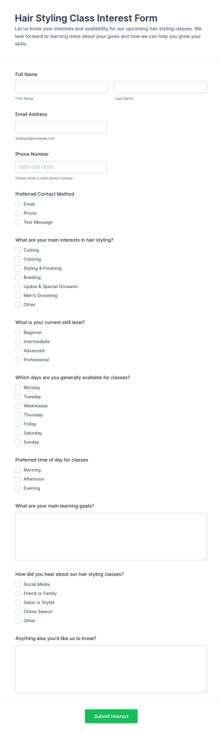 Hair Styling Class Interest Form Template