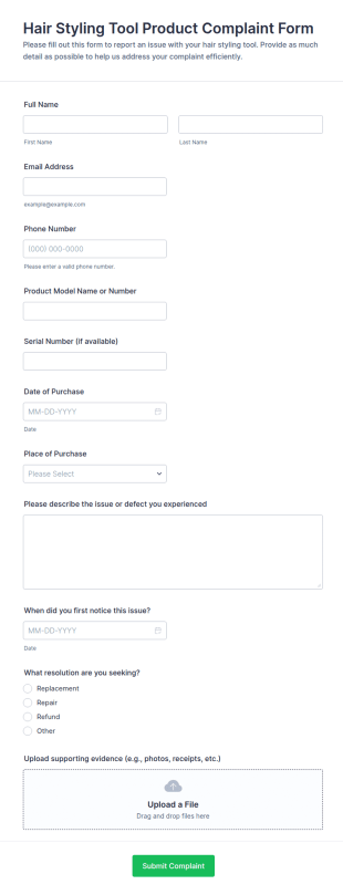 Hair Styling Tool Product Complaint Form Template