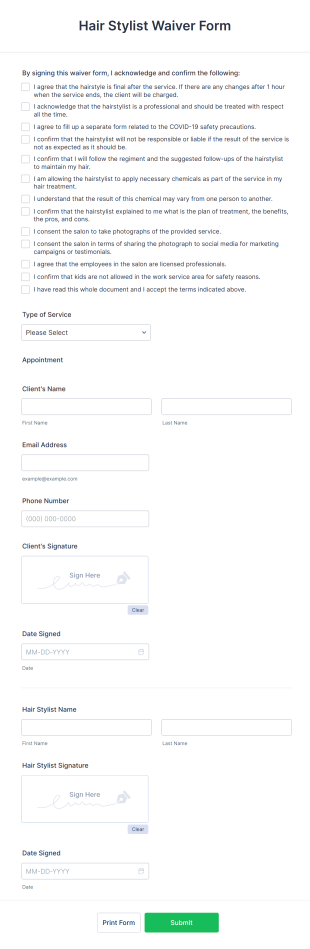 Hair Stylist Waiver Form Template