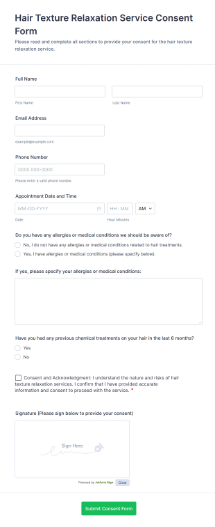 Hair Texture Relaxation Service Consent Form Template