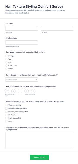 Hair Texture Styling Comfort Survey Form Template