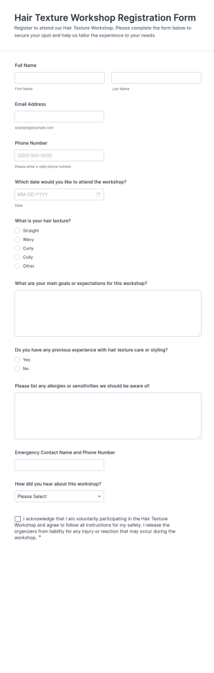 Hair Texture Workshop Registration Form Template