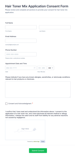 Hair Toner Mix Application Consent Form Template
