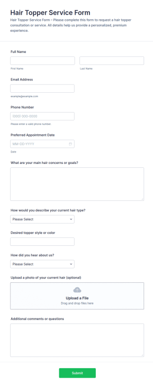 Hair Topper Service Form Template