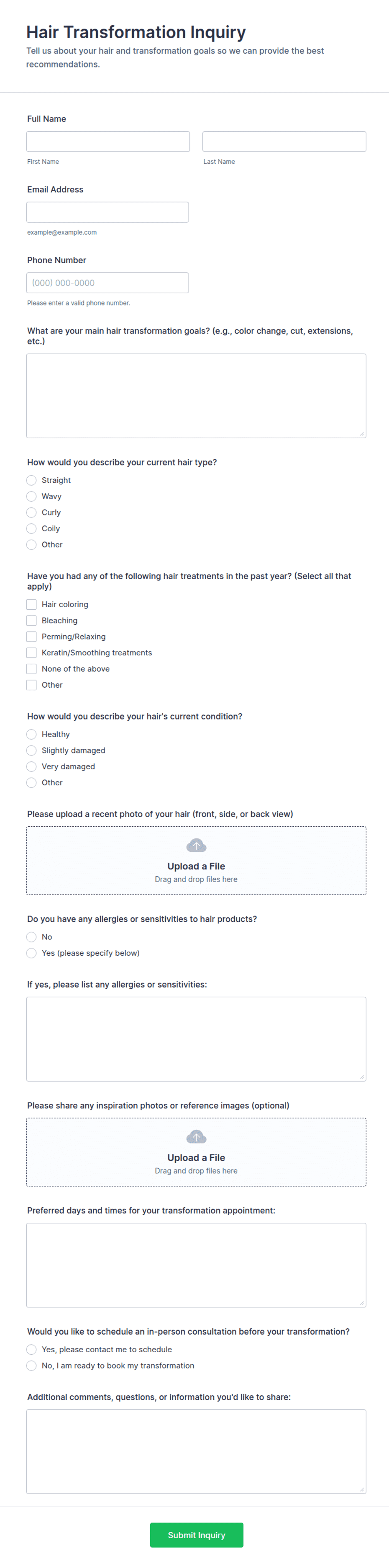 Hair Transformation Inquiry Form Template | Jotform