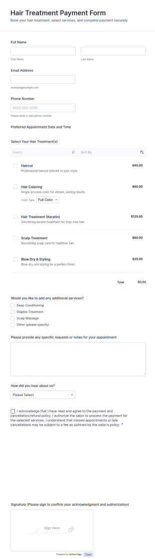 Hair Treatment Payment Form Template