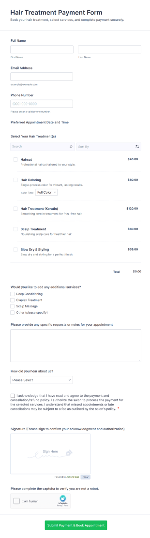 Hair Treatment Payment Form Template