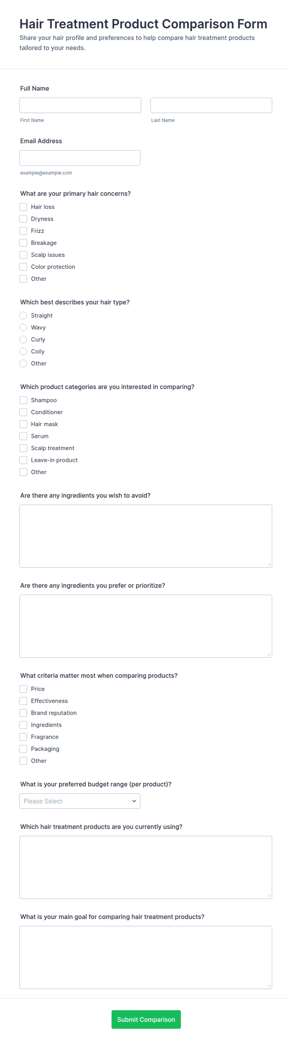 Hair Treatment Product Comparison Form Template | Jotform