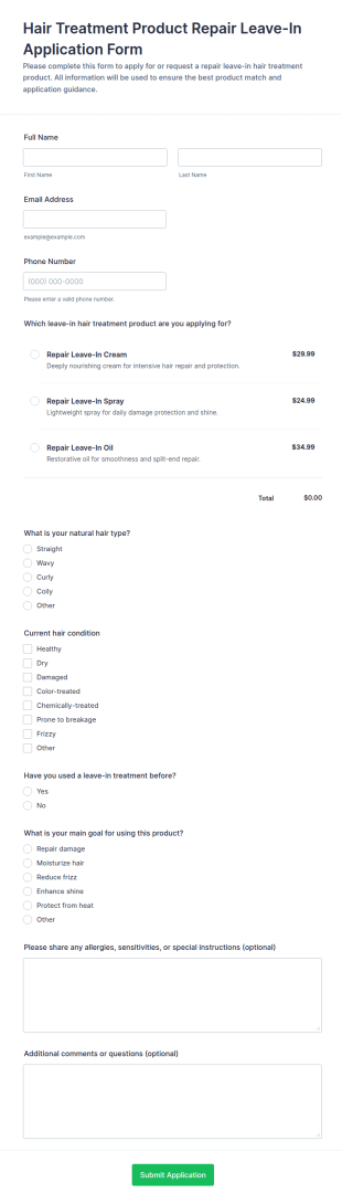 Hair Treatment Product Repair Leave In Application Form Template