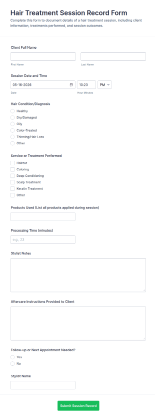 Hair Treatment Session Record Form Template