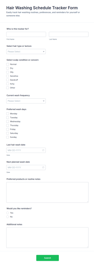 Hair Washing Schedule Tracker Form Template