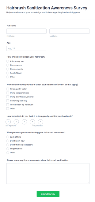 Hairbrush Sanitization Awareness Survey Form Template