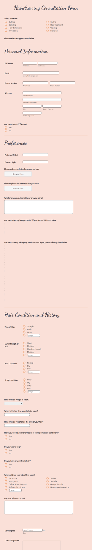 Hairdressing Consultation Form Template