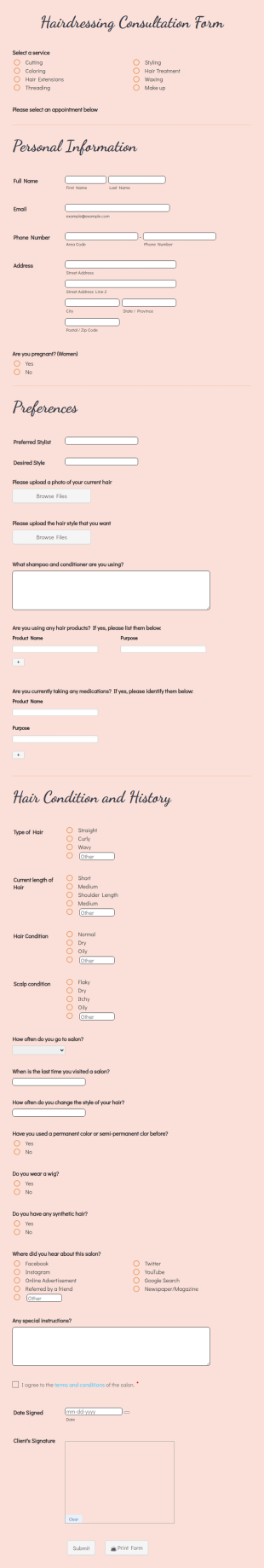 Hairdressing Consultation Form Template