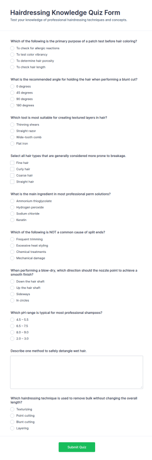 Hairdressing Knowledge Quiz Form Template