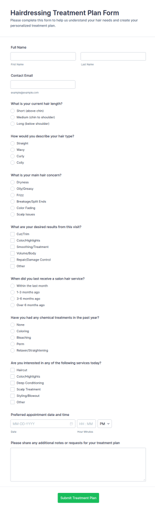 Hairdressing Treatment Plan Form Template