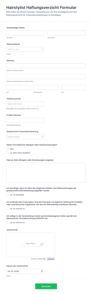 Hairstylist Haftungsausschlussformular