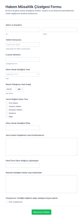 Hakem Uygunluk Takvimi Anketi Form Şablonu