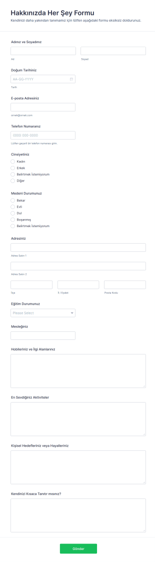 Hakkınızda Her Şey Form Şablonu