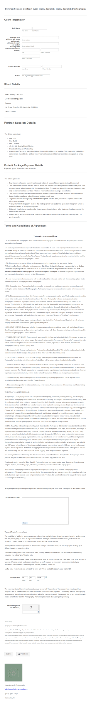 Haley Barnhill Photography Session Contract Form Template