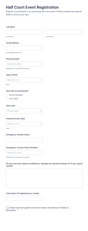 Half Court Event Registration Form Template