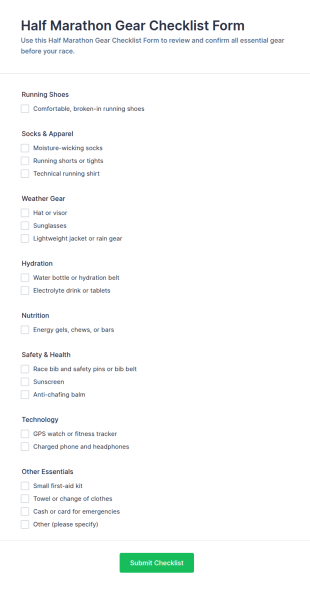 Half Marathon Gear Checklist Form Template