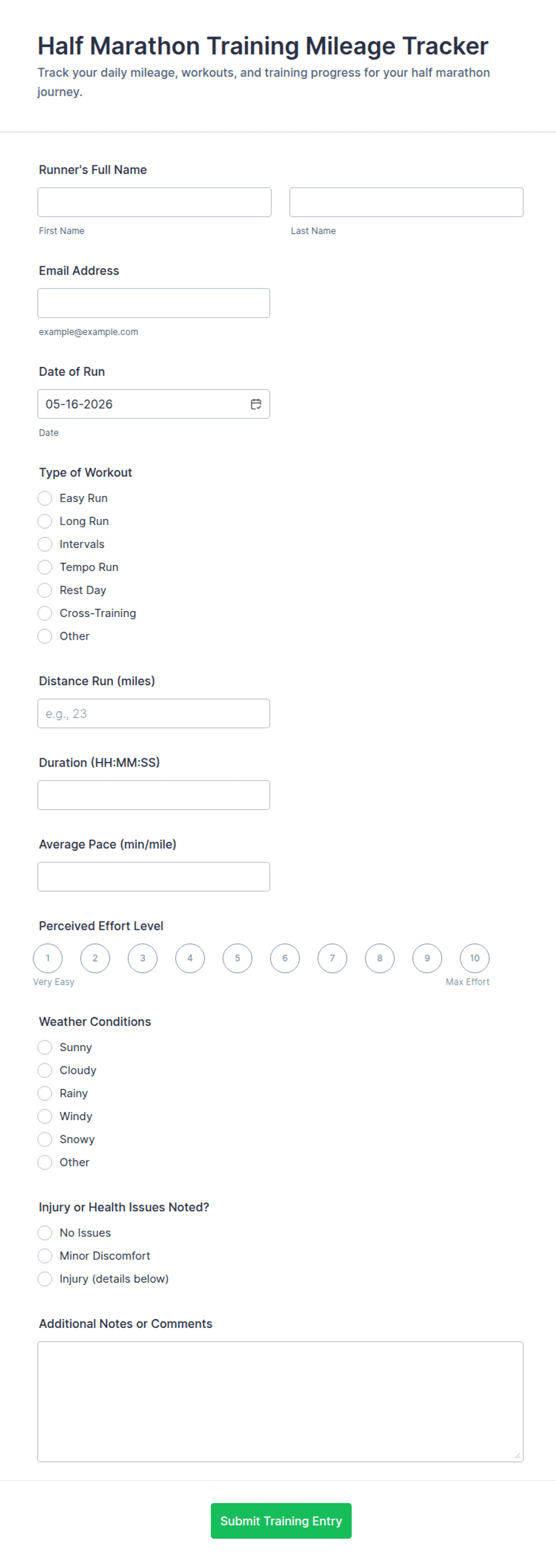 Half Marathon Training Mileage Tracker Form Template | Jotform