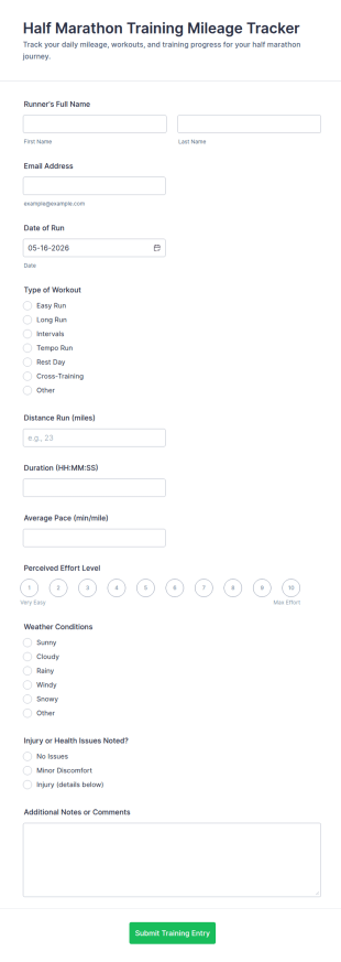 Half Marathon Training Mileage Tracker Form Template