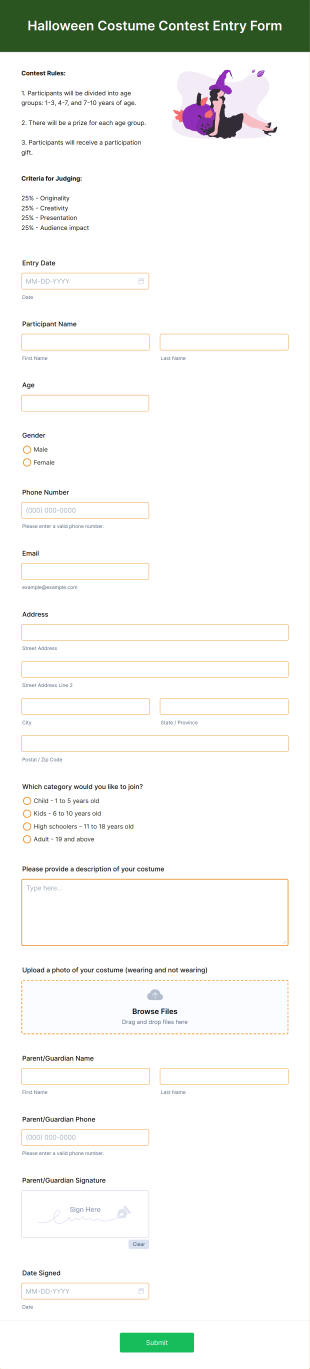 Halloween Costume Contest Entry Form Template