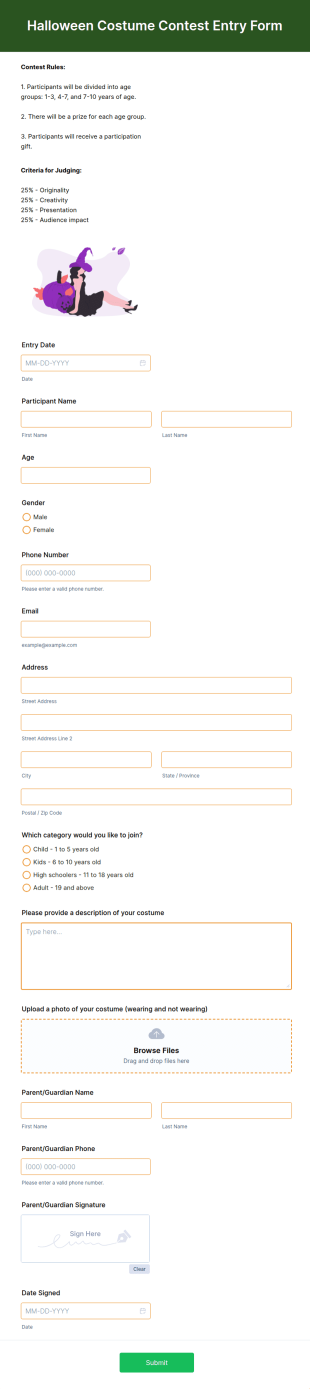 Halloween Costume Contest Entry Form Template