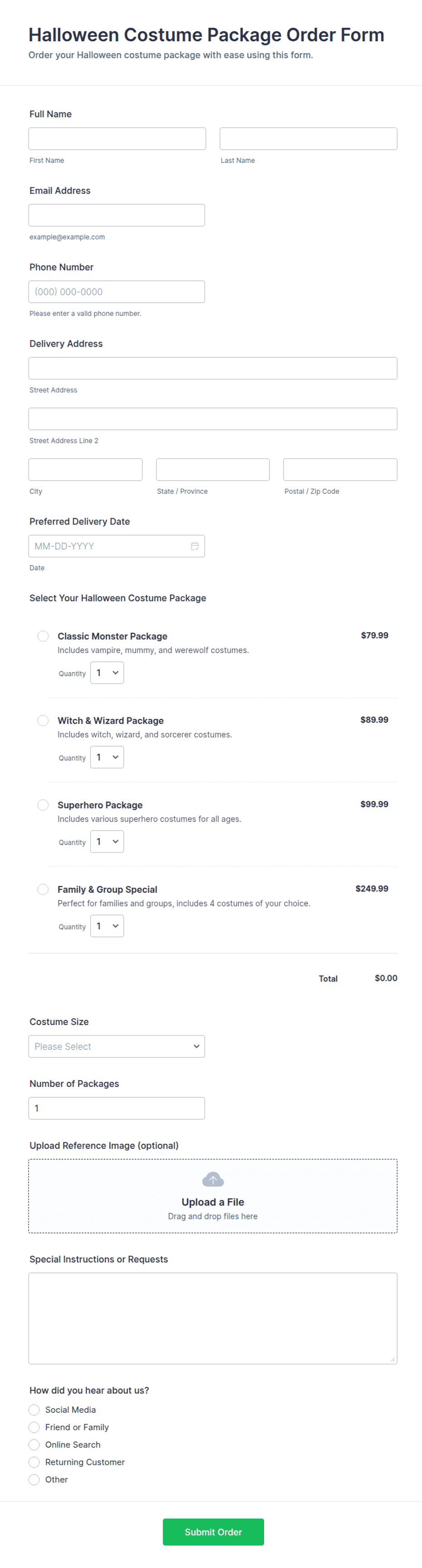 Halloween Costume Package Order Form Template | Jotform