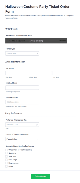 Halloween Costume Party Ticket Order Form Template