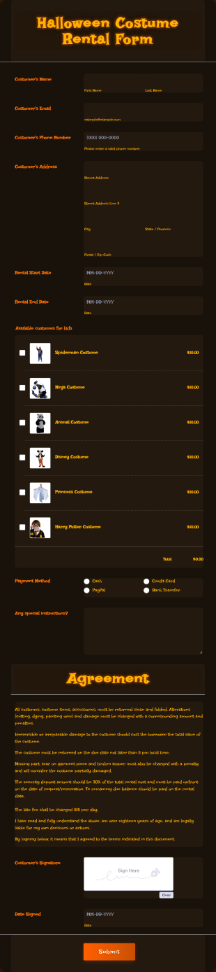 Halloween Costume Rental Form Template