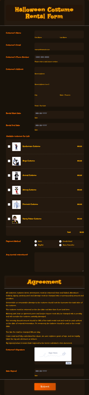 Halloween Costume Rental Form Template