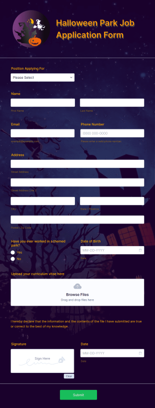 Halloween Park Job Application Form Template