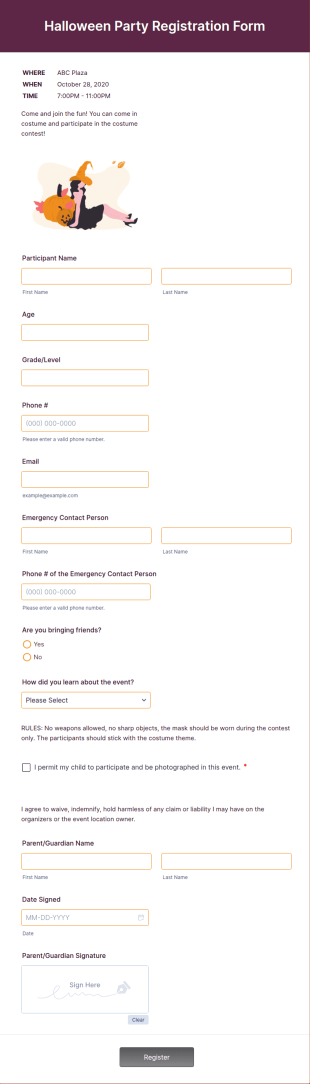 Halloween Party Registration Form Template
