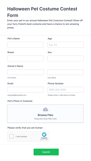 Halloween Pet Costume Contest Form Template