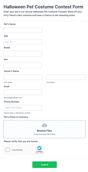 Halloween Pet Costume Contest Form Template