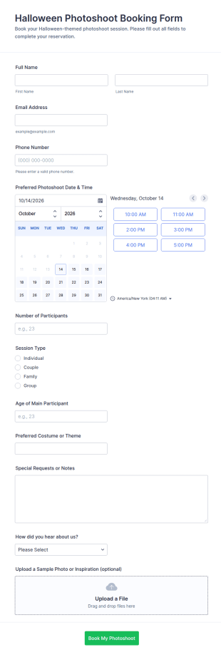 Halloween Photoshoot Booking Form Template