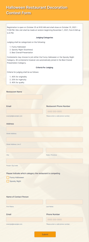 Halloween Restaurant Decoration Contest Form Template