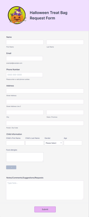 Halloween Treat Bag Request Form Template