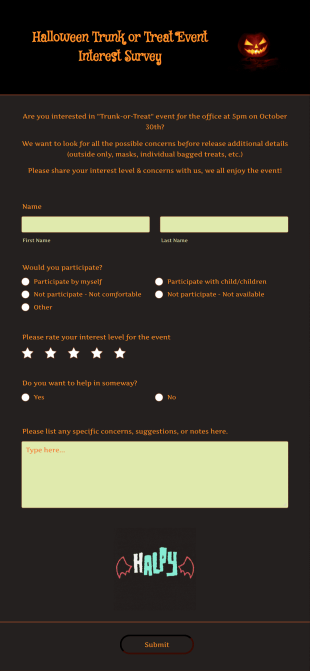 Halloween Trunk Or Treat Event Interest Survey Form Template