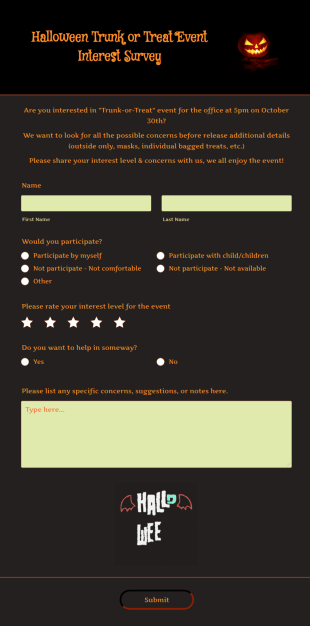 Halloween Trunk Or Treat Event Interest Survey Form Template