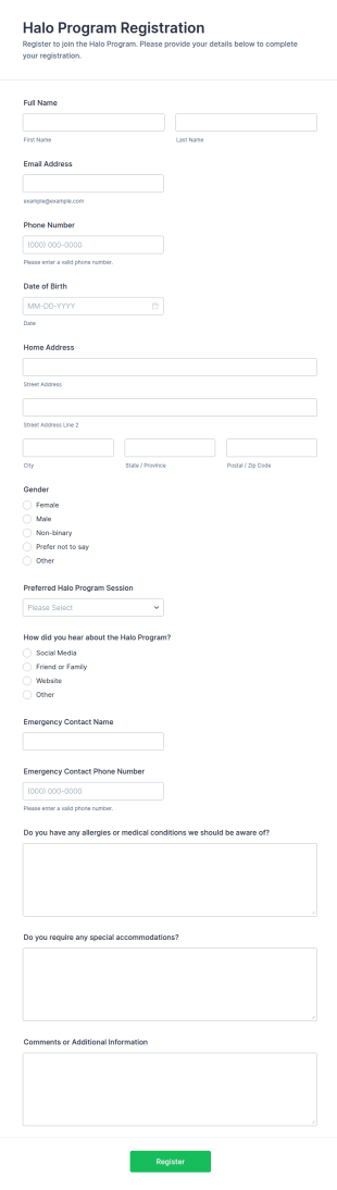 Halo Program Registration Form Template