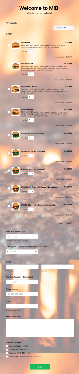 Hamburger Order Form Template