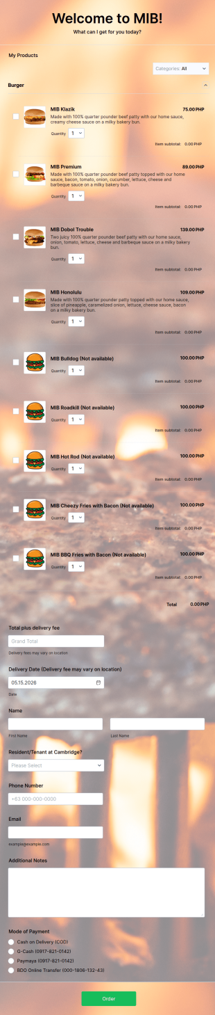 Hamburger Order Form Template