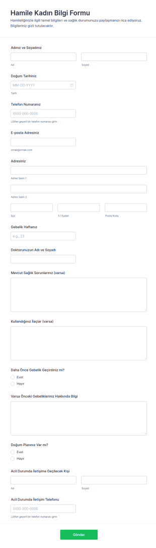 Hamile Kadın Bilgi Form Şablonu