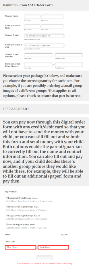 Hamilton Prom 2021 Form Template