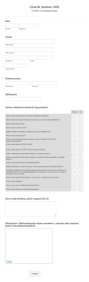 Hammaslääkärin COVID 19 Esitietolomake